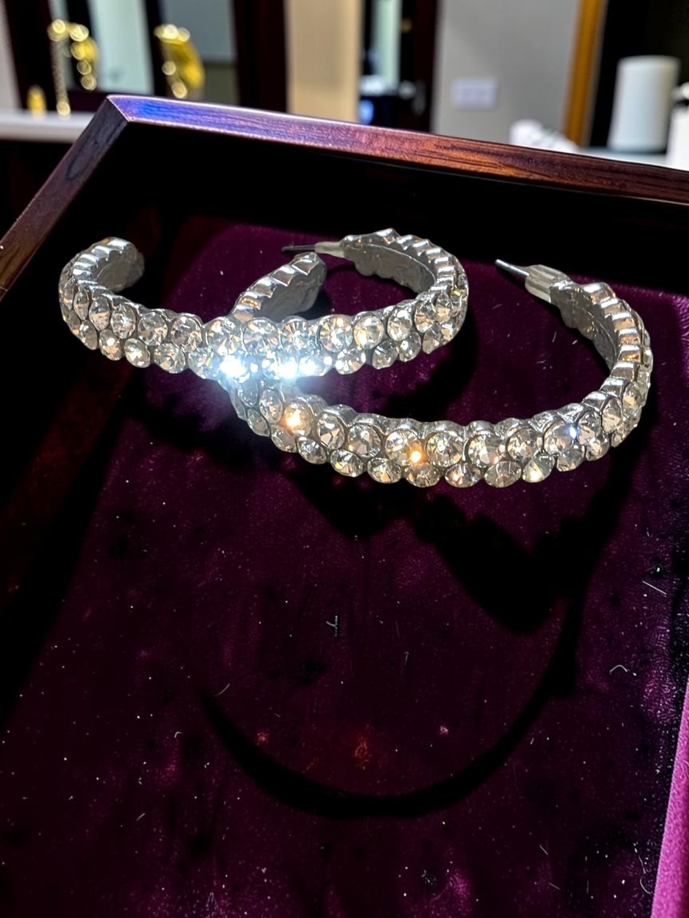 Crystal-Embellished Silver Hoop Earrings - Sparkling Clear Stones
